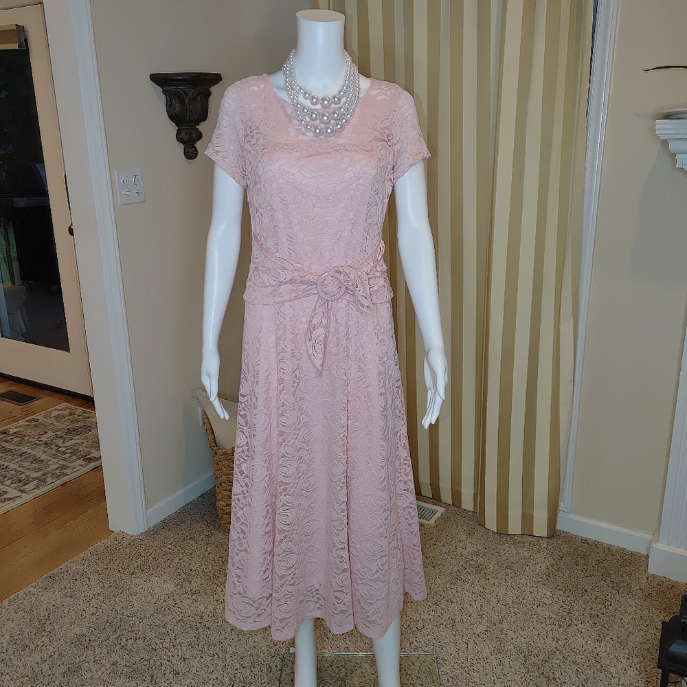 PERCEPTIONS PEACH LACE DRESS M - Picture 3 of 9